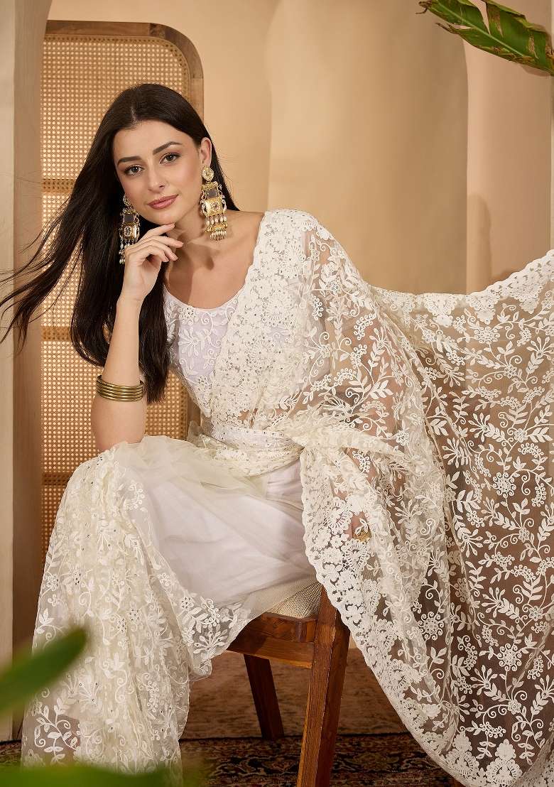 White Embroidered Net Saree Set for Diwali and Festive Wear - Indya