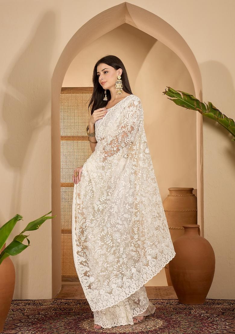 White Embroidered Net Saree Set - Indya