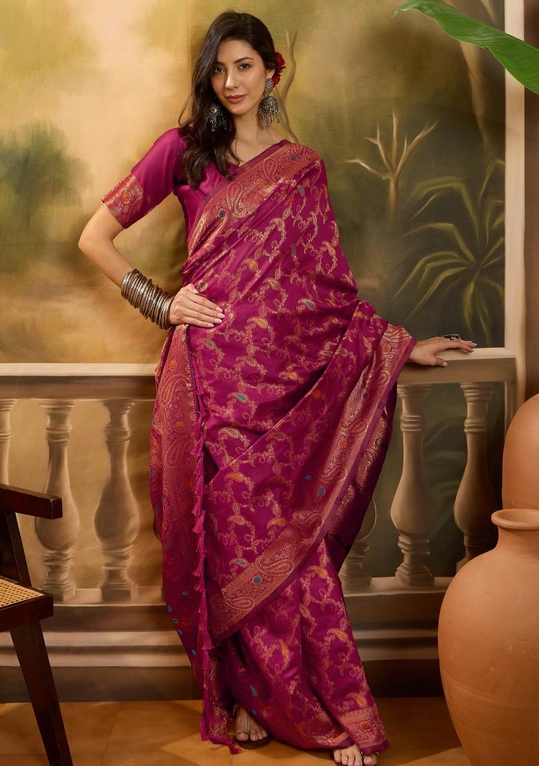 Magenta Applique Banarasi Saree Set - Indya