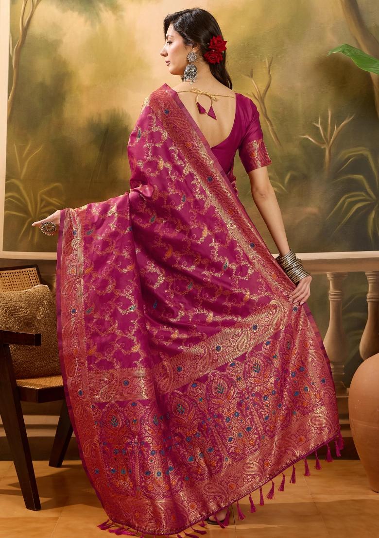 Magenta Applique Banarasi Saree Set - Indya