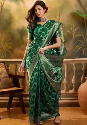 Bottle Green Applique Banarasi Saree Set