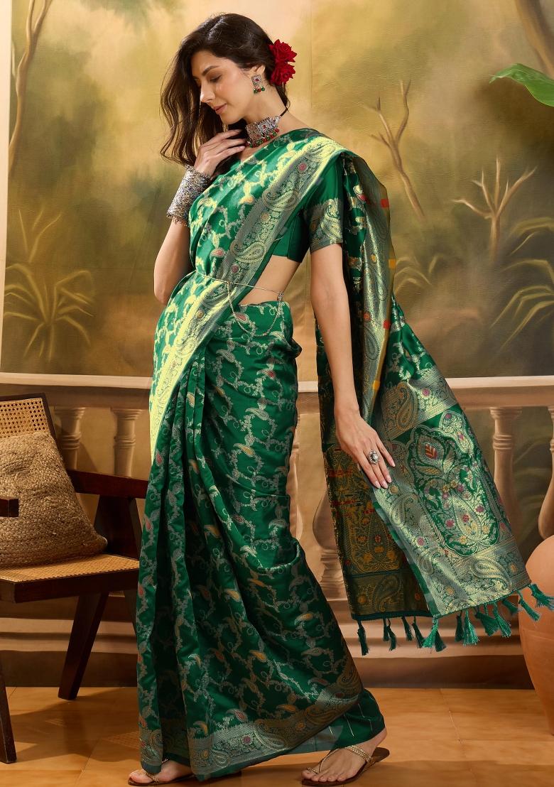 Bottle Green Applique Banarasi Saree Set - Indya