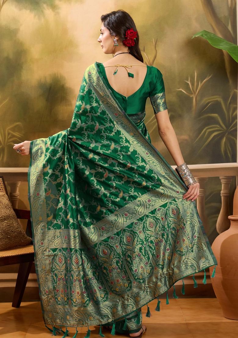 Bottle Green Applique Banarasi Saree Set - Indya