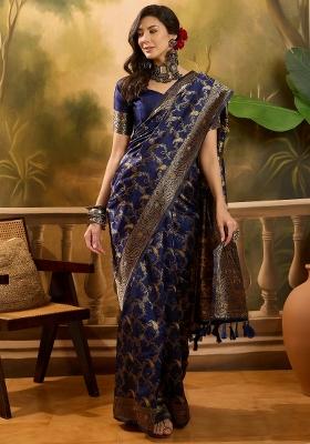 Navy Blue Applique Banarasi Saree Set