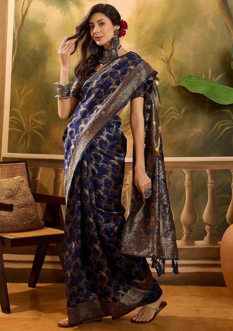 Navy Blue Applique Banarasi Saree Set - Indya