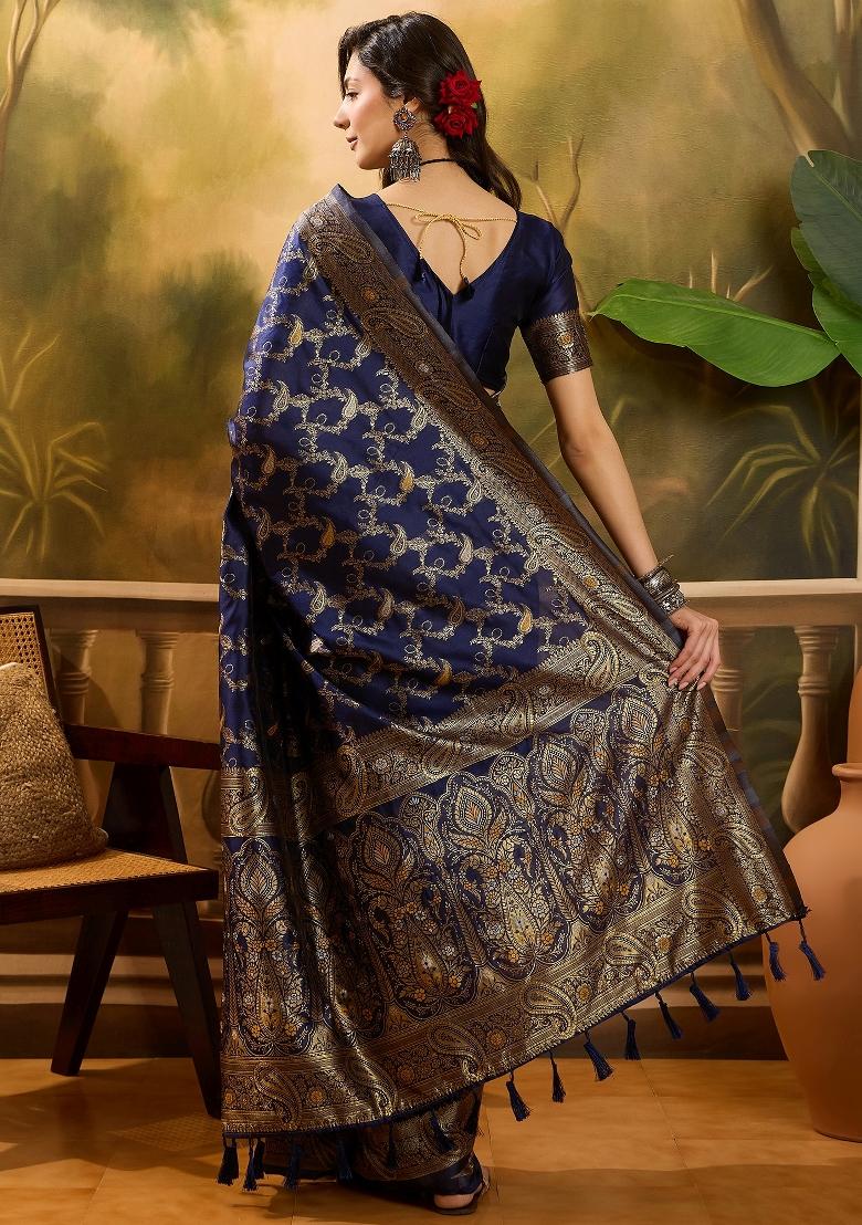 Navy Blue Applique Banarasi Saree Set - Indya