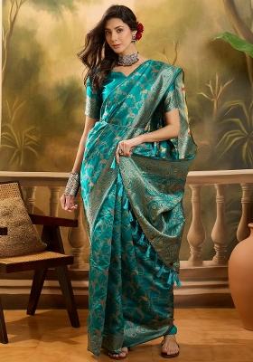 Sky Blue Applique Banarasi Saree Set