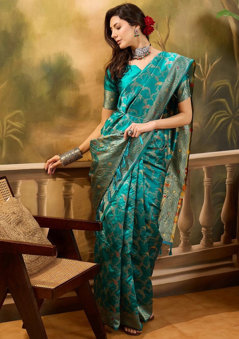 Sky Blue Applique Banarasi Saree Set - Indya