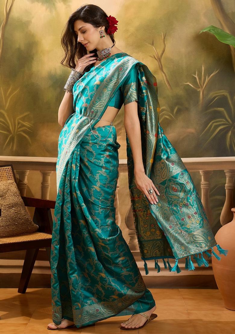 Sky Blue Applique Banarasi Saree Set - Indya