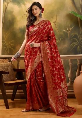 Red Applique Banarasi Saree Set