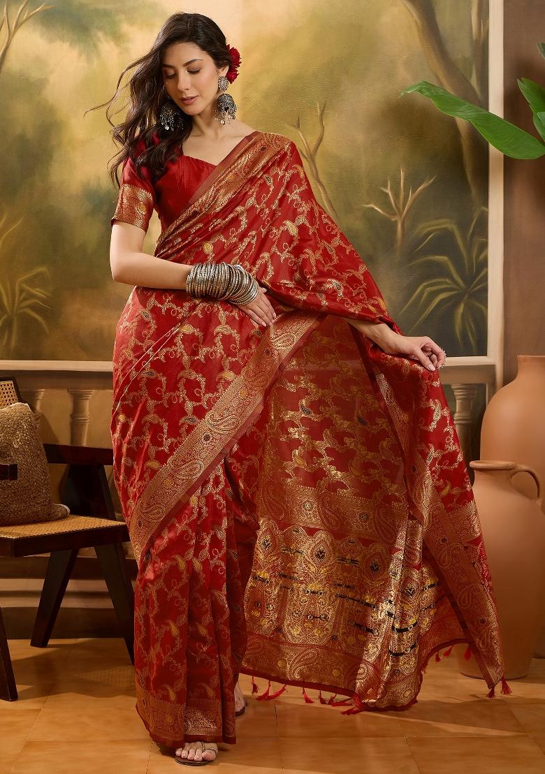 Red Applique Banarasi Saree Set - Indya