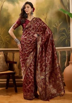 Maroon Applique Banarasi Saree Set