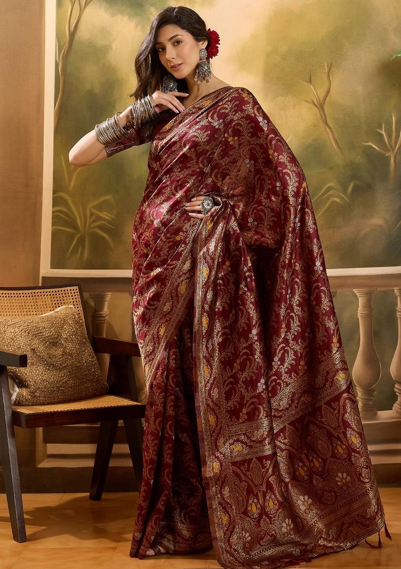 Maroon Applique Banarasi Saree Set - Indya