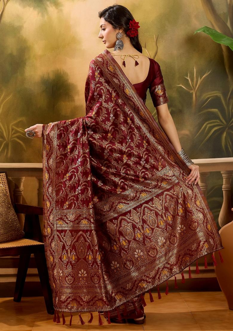 Maroon Applique Banarasi Saree Set - Indya