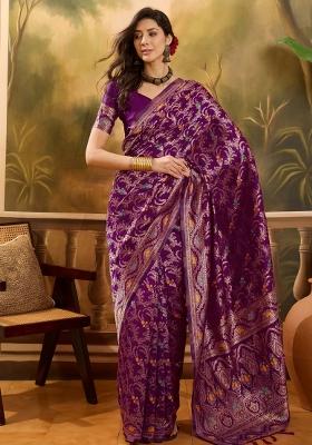 Wine Applique Banarasi Saree Set