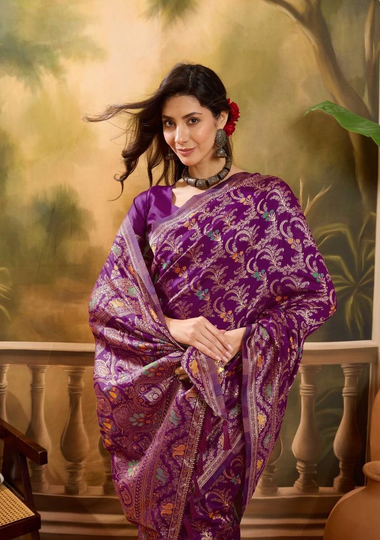 Wine Applique Banarasi Saree Set - Indya