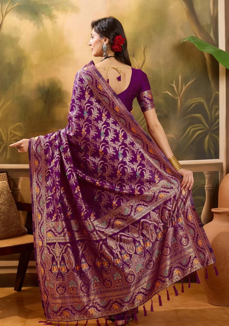 Wine Applique Banarasi Saree Set - Indya