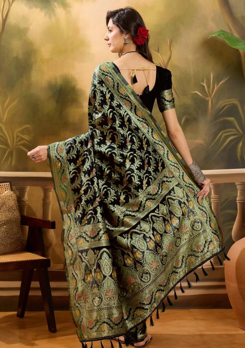 Black Applique Banarasi Saree Set - Indya