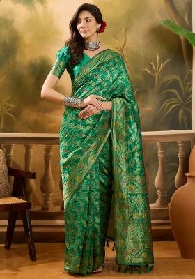 Green Applique Banarasi Saree Set