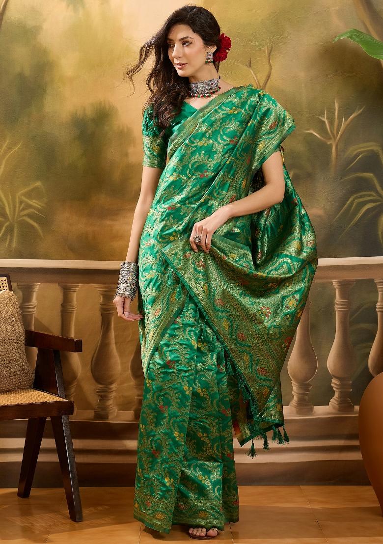 Green Applique Banarasi Saree Set - Indya