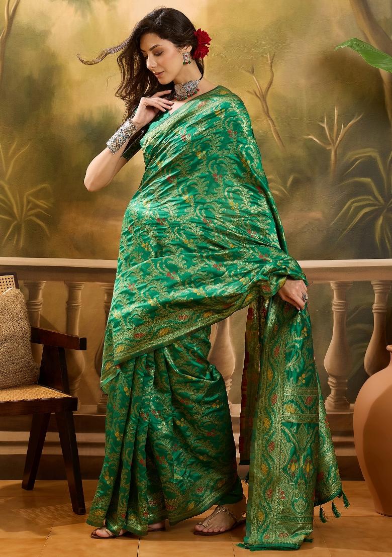 Green Applique Banarasi Saree Set - Indya