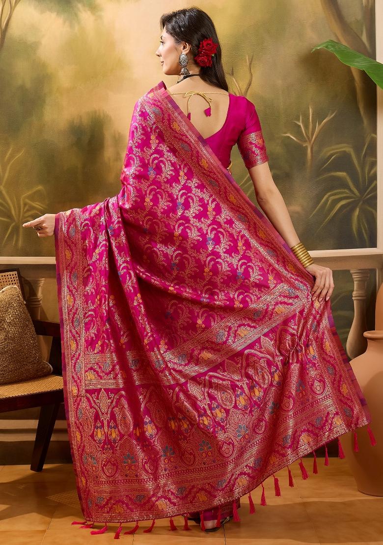 Magenta Applique Banarasi Saree Set - Indya