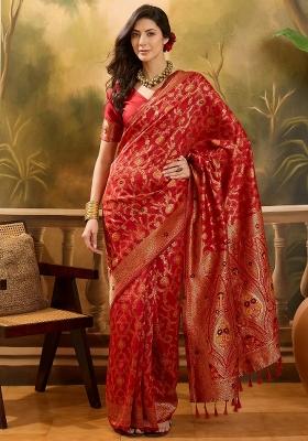 Red Applique Banarasi Saree Set