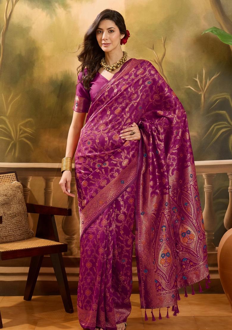 Magenta Applique Banarasi Saree Set - Indya