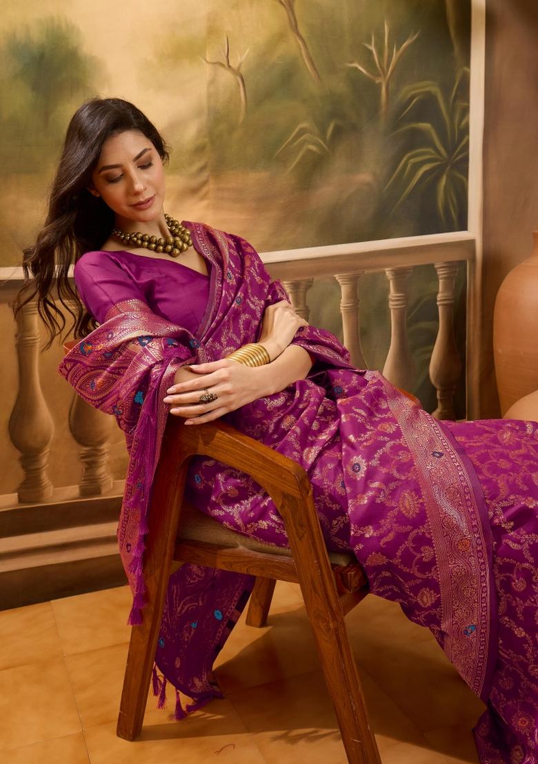 Magenta Applique Banarasi Saree Set - Indya