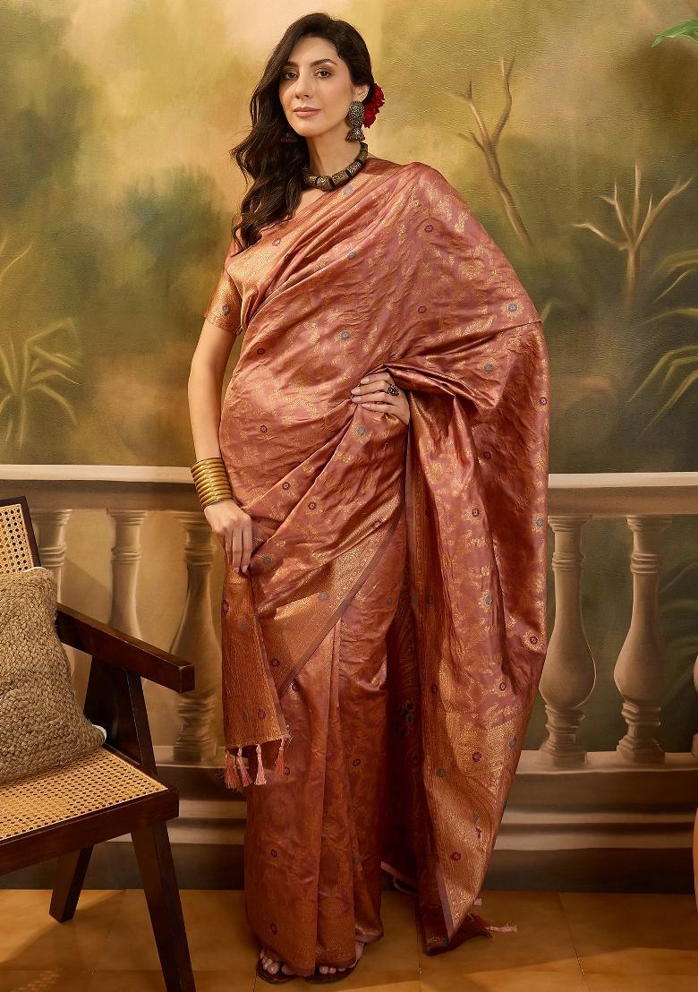 Peach Applique Banarasi Saree Set - Indya