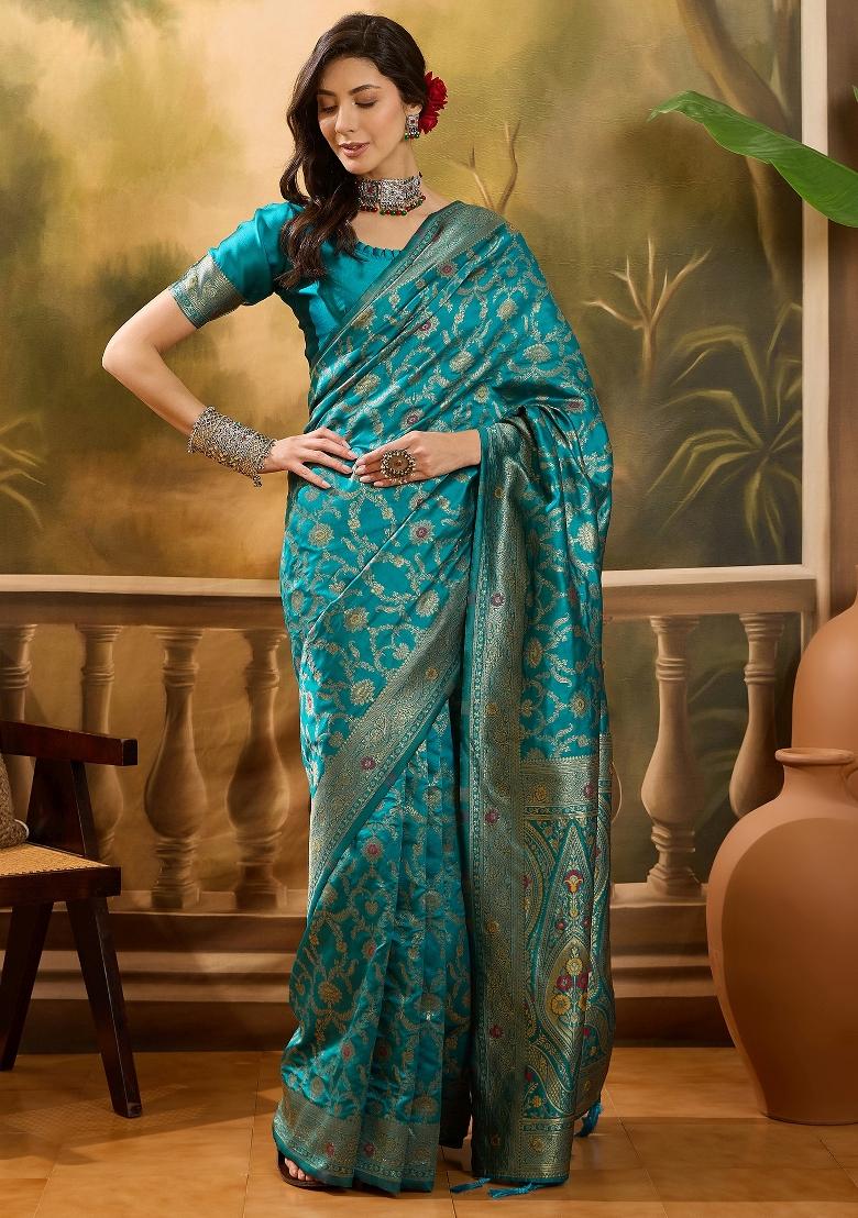 Firozi Applique Banarasi Saree Set - Indya