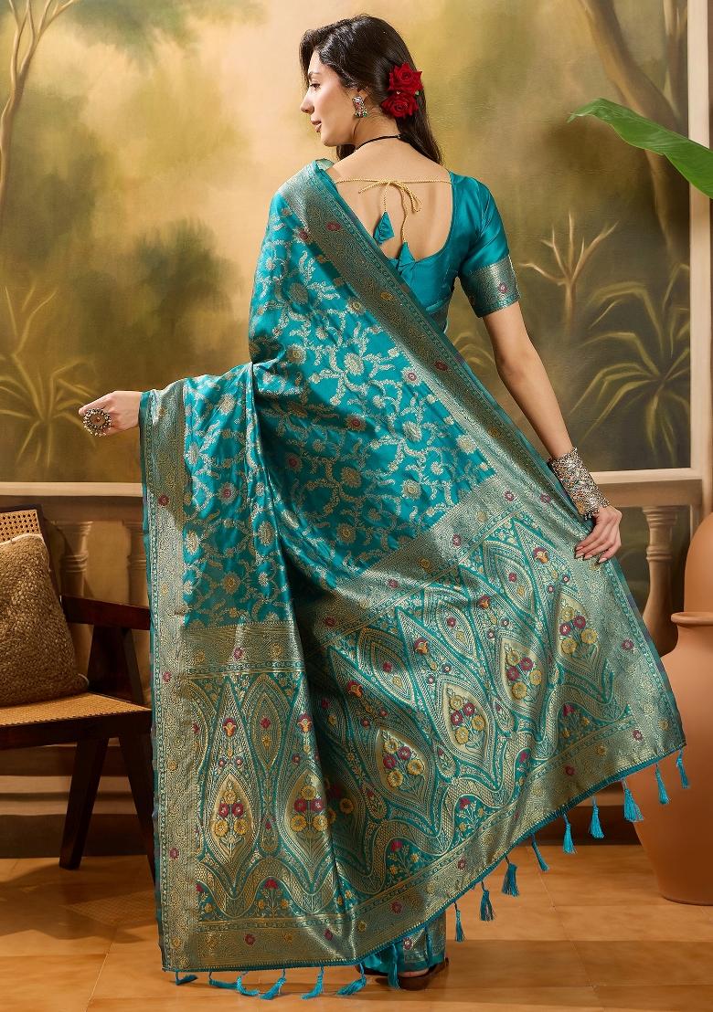 Firozi Applique Banarasi Saree Set - Indya