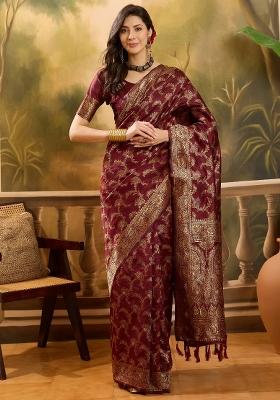 Maroon Applique Banarasi Saree Set
