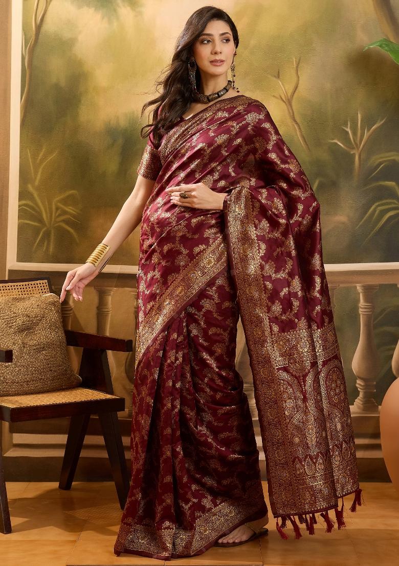 Maroon Applique Banarasi Saree Set - Indya