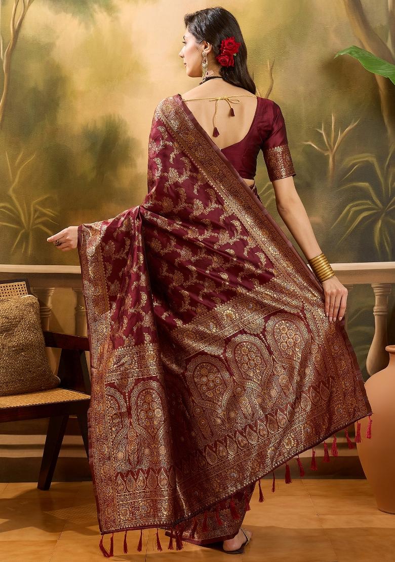 Maroon Applique Banarasi Saree Set - Indya