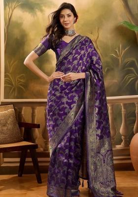 Wine Applique Banarasi Saree Set