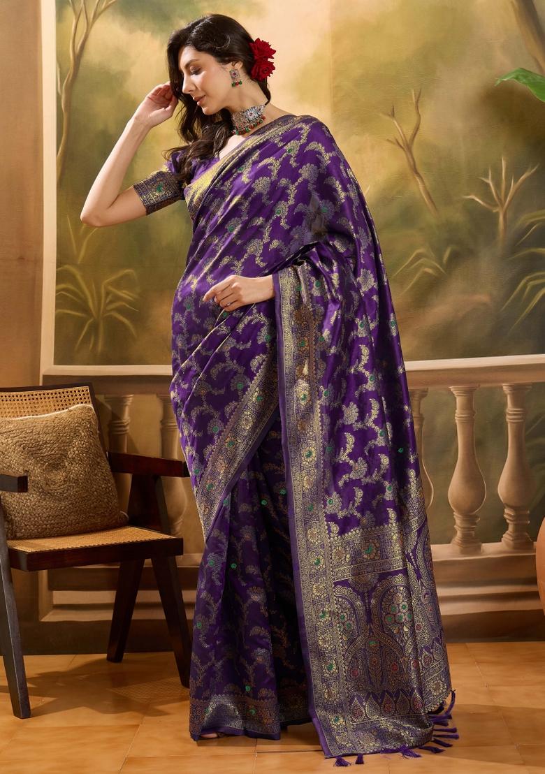 Wine Applique Banarasi Saree Set - Indya