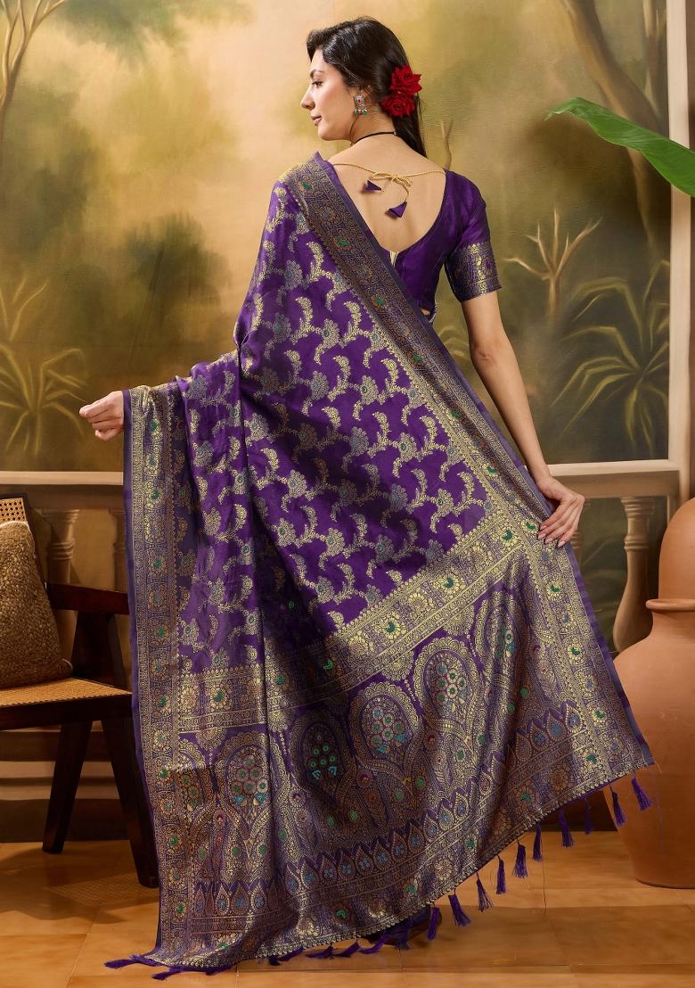 Wine Applique Banarasi Saree Set - Indya