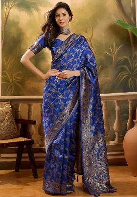 Royal Blue Applique Banarasi Saree Set