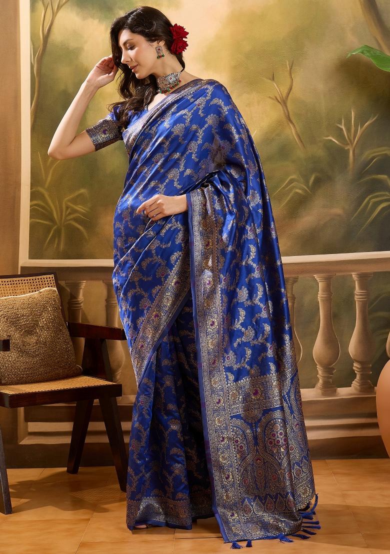 Royal Blue Applique Banarasi Saree Set - Indya