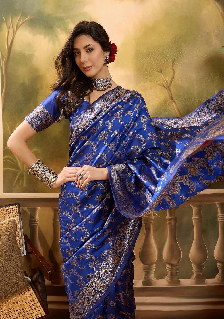 Royal Blue Applique Banarasi Saree Set - Indya
