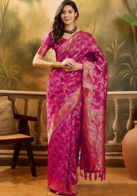 Pink Applique Banarasi Saree Set