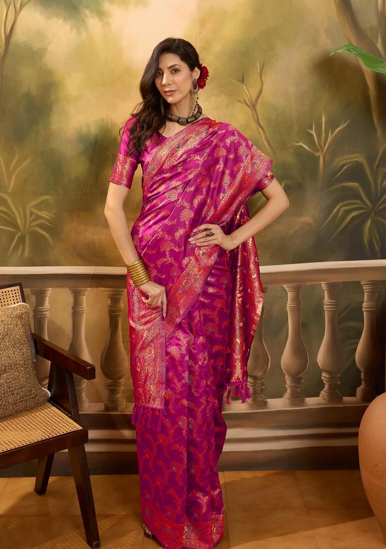 Pink Applique Banarasi Saree Set - Indya