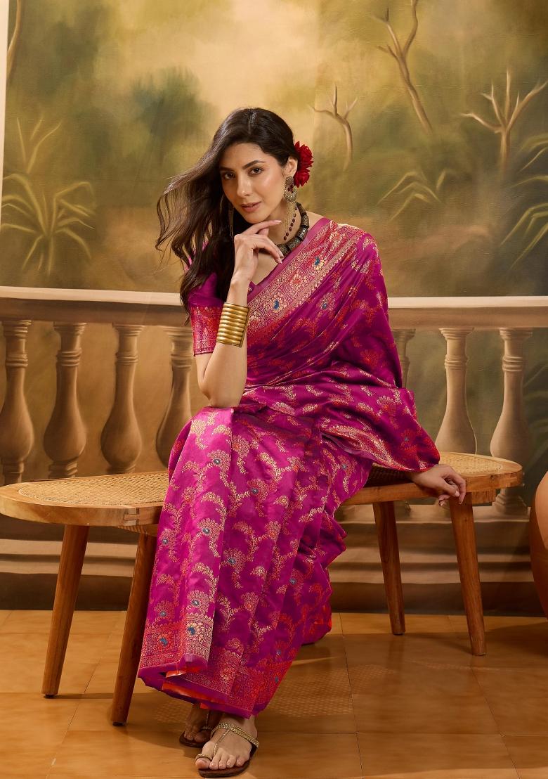 Pink Applique Banarasi Saree Set - Indya