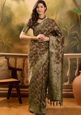 Coffee Brown Applique Banarasi Saree Set