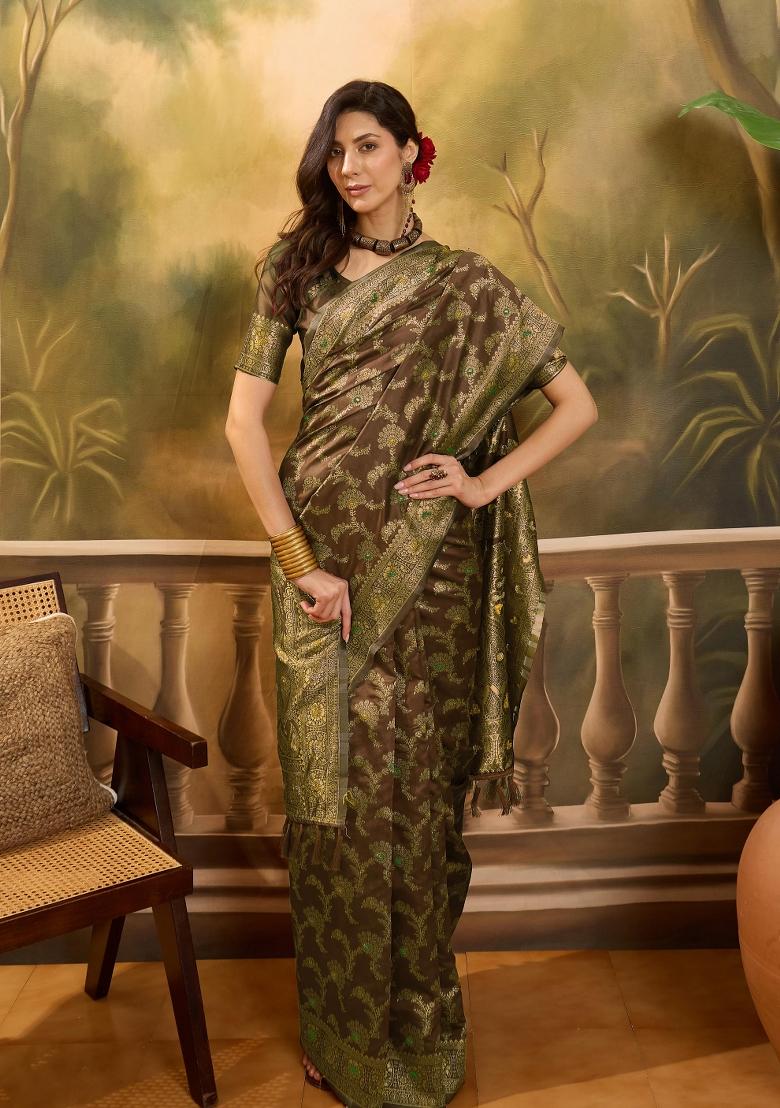 Coffee Brown Applique Banarasi Saree Set - Indya
