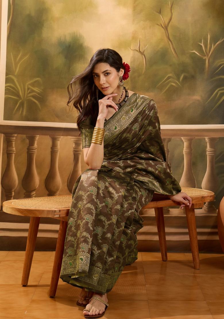 Coffee Brown Applique Banarasi Saree Set - Indya