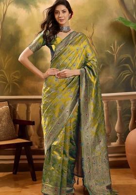 Lime Green Applique Banarasi Saree Set