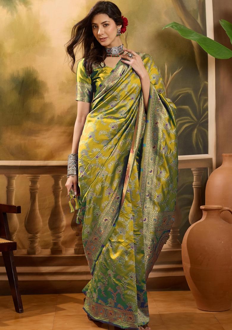 Lime Green Applique Banarasi Saree Set - Indya