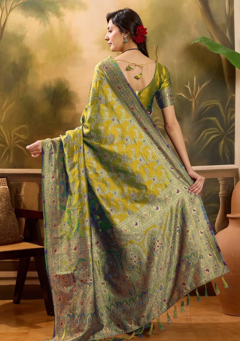 Lime Green Applique Banarasi Saree Set - Indya